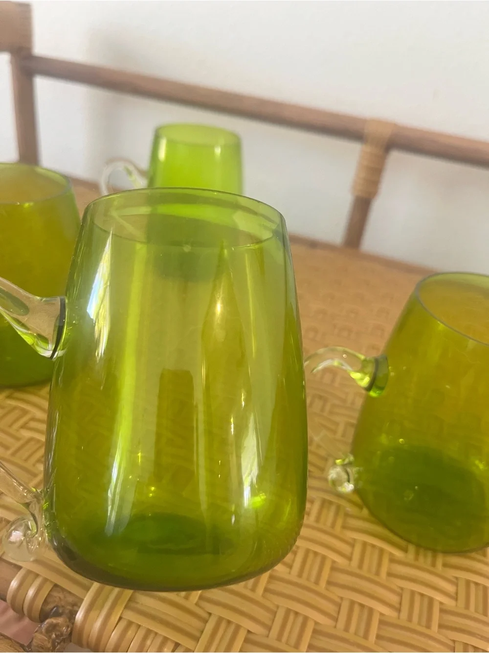 Vintage Mid-Century Modern Hand Blown Glass Supplied Handle Mugs Set Of Six